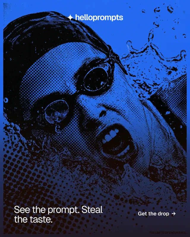 Instagram portrait post for HelloPrompts: "See the prompt. Steal the taste." Swiss style, image led layout, dark palette in blue, black.