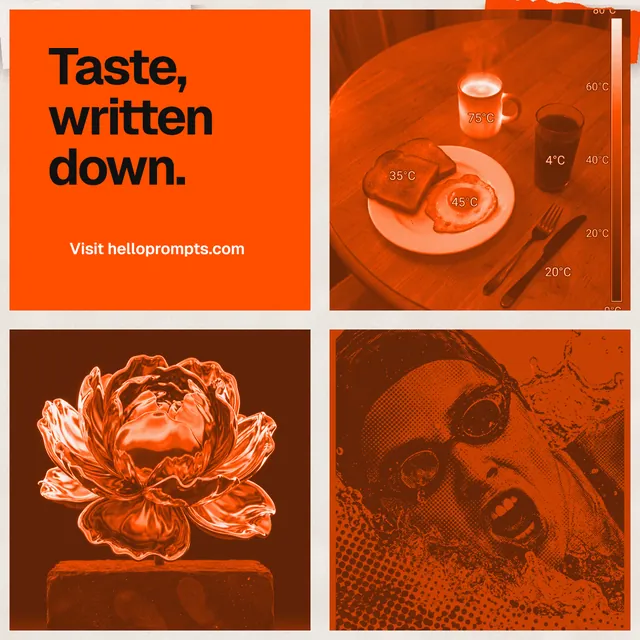 Instagram post for HelloPrompts: "Taste, written down." Swiss style, collage layout, dark palette in orange.