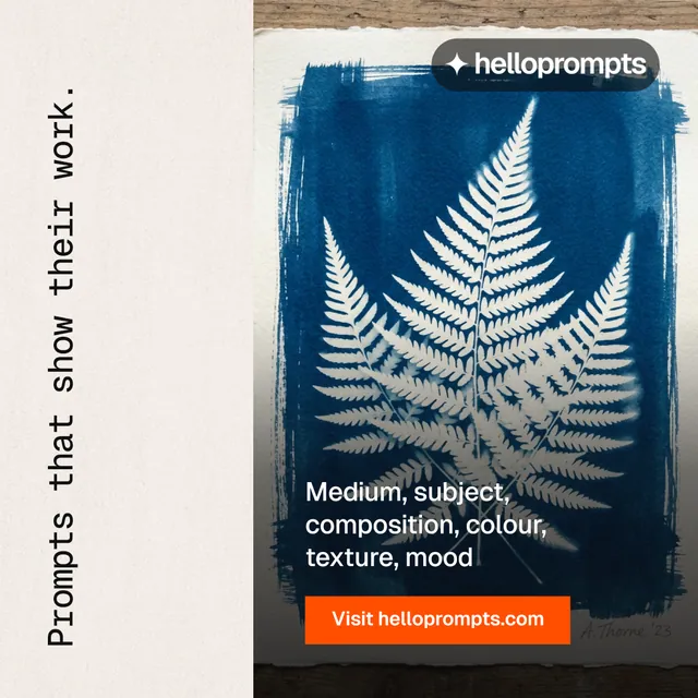 Instagram post for HelloPrompts: "Prompts that show their work." Swiss style, vertical layout, light palette in blue, grey, white.