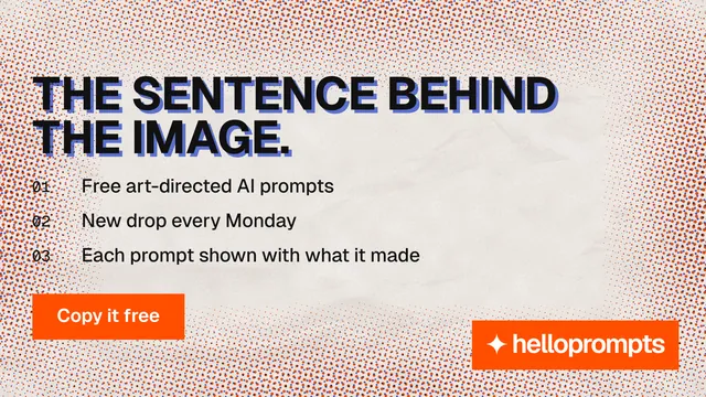 Landscape graphic for HelloPrompts: "The sentence behind the image." Retro print style, numbered layout, light palette in red, orange.