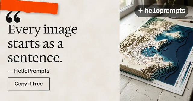 Social ad for HelloPrompts: "See the prompt. Steal the taste." Editorial style, quote layout, light palette in grey, orange.