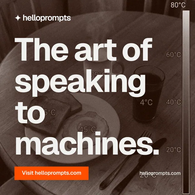 Instagram post for HelloPrompts: "The art of speaking to machines." Swiss style, poster layout, dark palette in orange, grey, white.