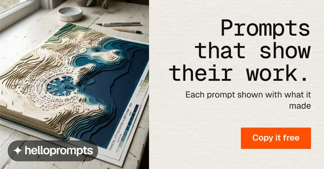 Social ad for HelloPrompts: "Prompts that show their work." Swiss style, right layout, light palette in yellow, grey, white.
