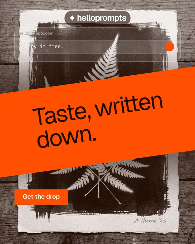 Instagram portrait post for HelloPrompts: "Taste, written down." Swiss style, diagonal layout, dark palette in orange, grey.