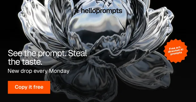 Social ad for HelloPrompts: "See the prompt. Steal the taste." Swiss style, sticker layout, dark palette in grey, black.