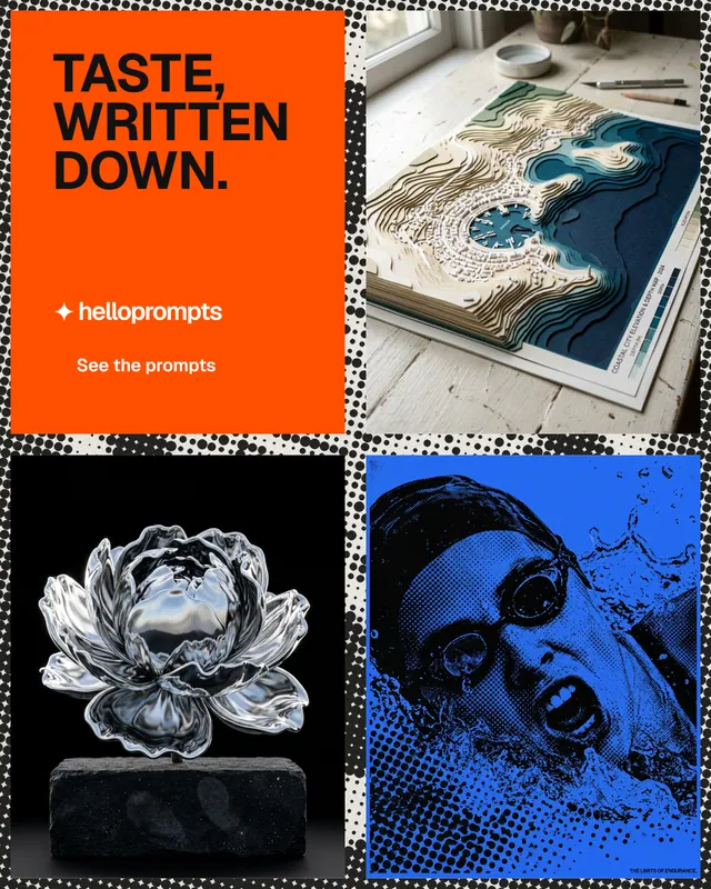 Instagram portrait post for HelloPrompts: "Taste, written down." Swiss style, collage layout, dark palette in black, red, grey.