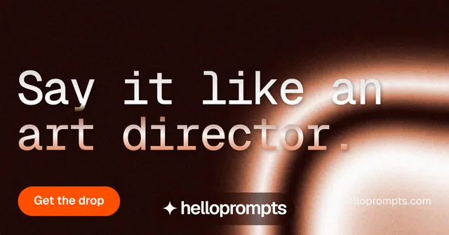 Social ad for HelloPrompts: "Say it like an art director." Y2K style, poster layout, dark palette in black, orange.