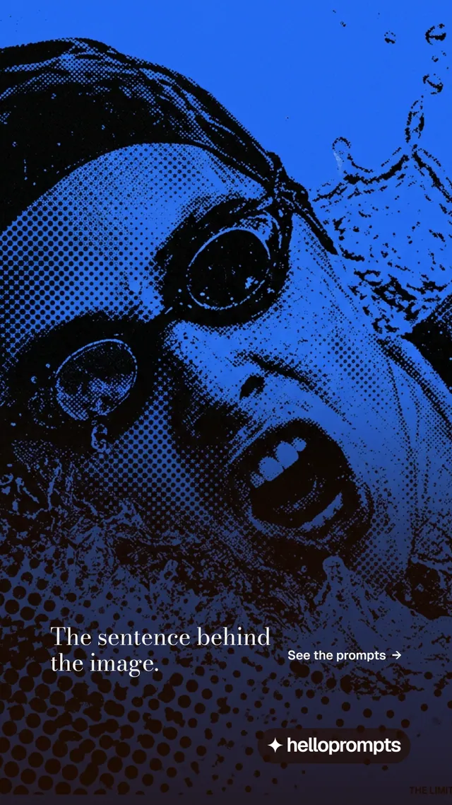 Instagram story for HelloPrompts: "The sentence behind the image." Minimal luxury style, image led layout, dark palette in blue, black.