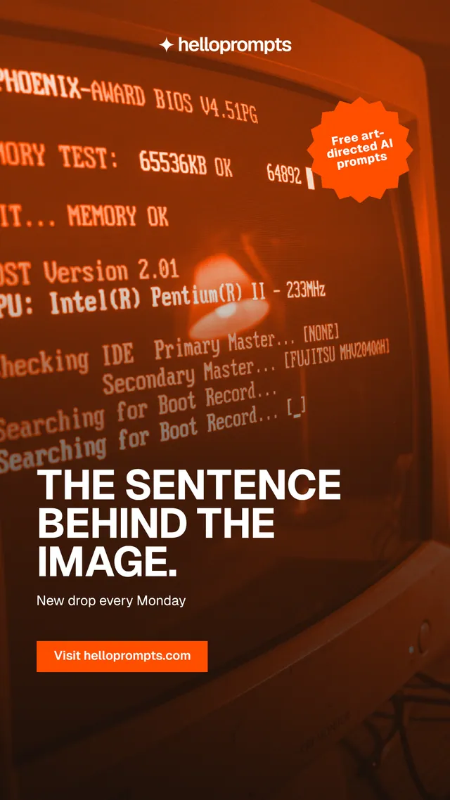 Instagram story for HelloPrompts: "The sentence behind the image." Retro print style, sticker layout, dark palette in black, orange, brown.