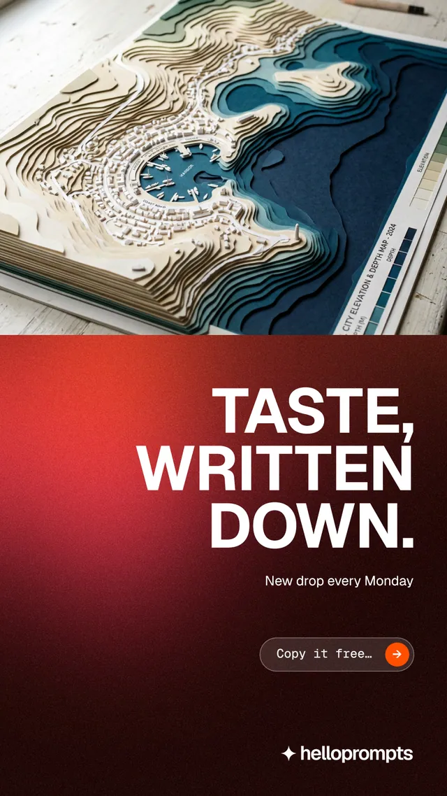 Instagram story for HelloPrompts: "Taste, written down." Agentic glass style, right layout, dark palette in black, red, grey.