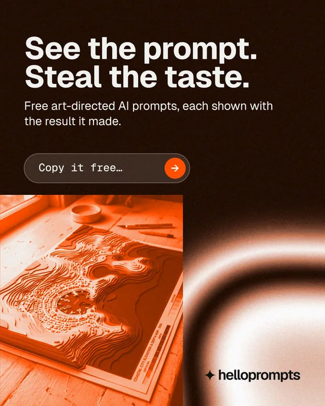 Instagram portrait post for HelloPrompts: "See the prompt. Steal the taste." Agentic glass style, skeleton layout, dark palette in black, orange, brown.