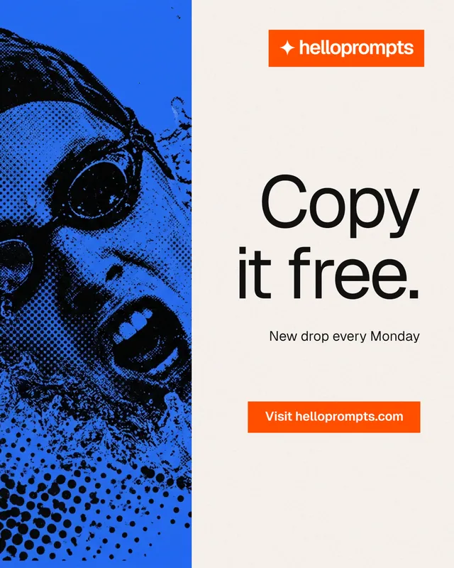 Instagram portrait post for HelloPrompts: "Copy it free." Swiss style, right layout, light palette in white, blue, orange.