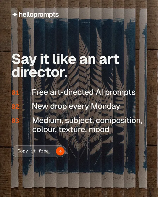 Instagram portrait post for HelloPrompts: "Say it like an art director." Agentic glass style, numbered layout, dark palette in grey, blue, black.