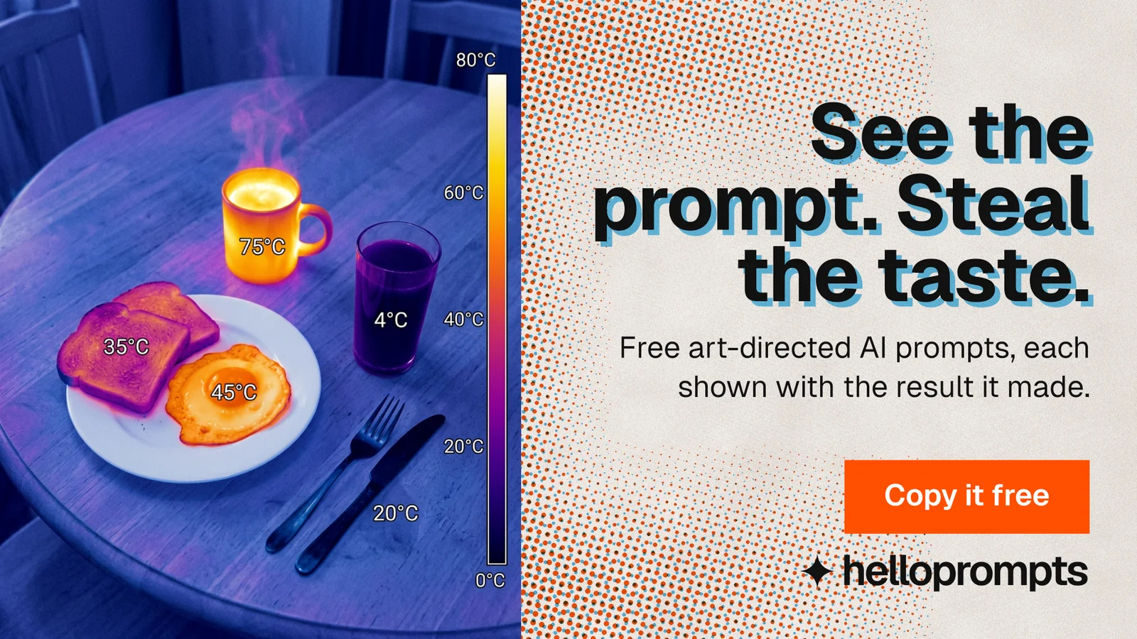 Landscape graphic for HelloPrompts: "See the prompt. Steal the taste." Swiss style, right layout, light palette in orange, blue, grey.