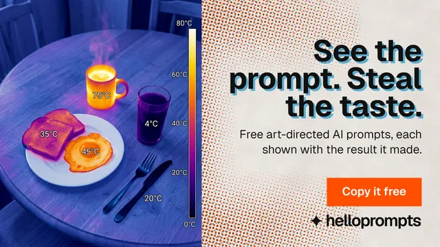 Landscape graphic for HelloPrompts: "See the prompt. Steal the taste." Swiss style, right layout, light palette in orange, blue, grey.