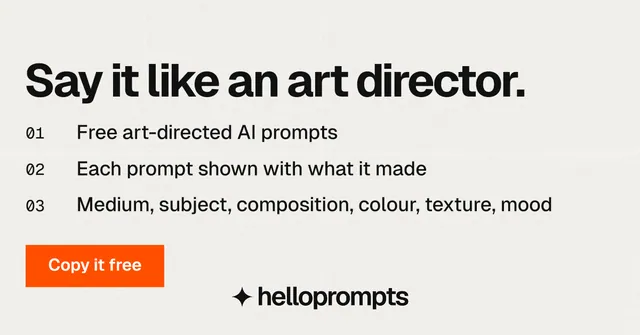 Social ad for HelloPrompts: "Say it like an art director." Swiss style, numbered layout, light palette in white, grey.
