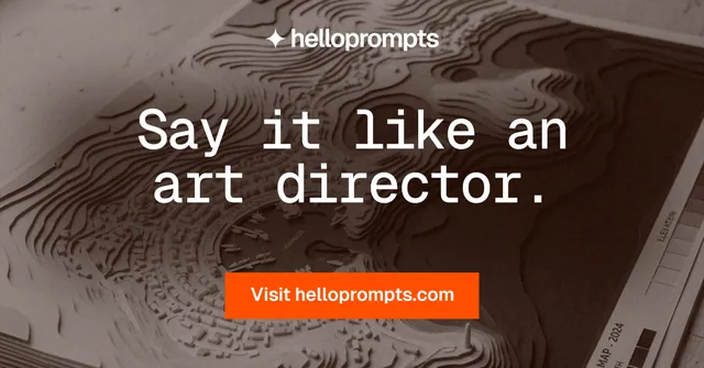 Social ad for HelloPrompts: "Say it like an art director." Swiss style, centred layout, dark palette in black, orange, grey.