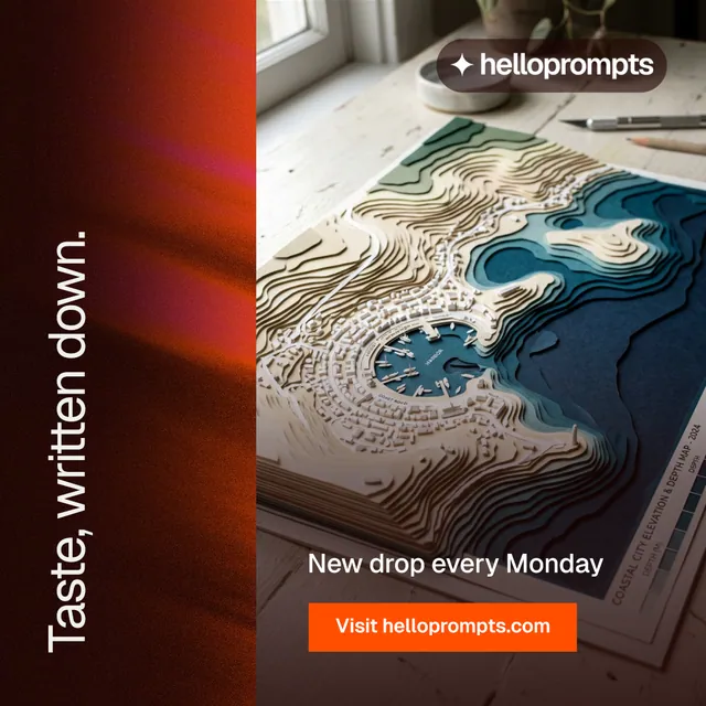 Instagram post for HelloPrompts: "Taste, written down." Swiss style, vertical layout, dark palette in black, red, orange.