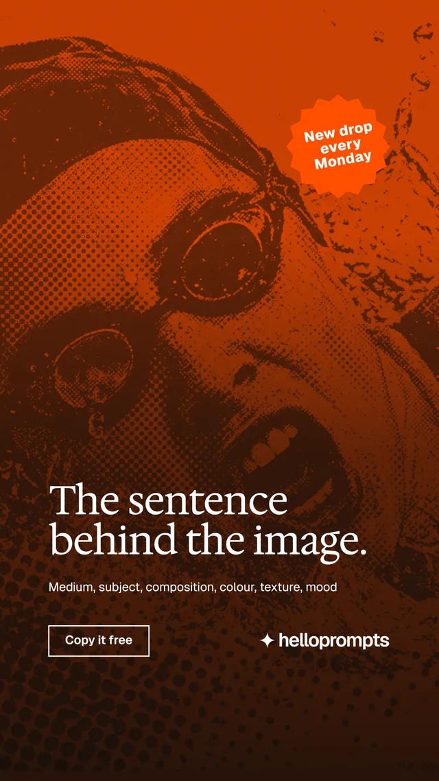 Instagram story for HelloPrompts: "The sentence behind the image." Editorial style, sticker layout, dark palette in black, orange.