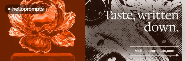 X header for HelloPrompts: "Taste, written down." Editorial style, right layout, dark palette in brown, orange.