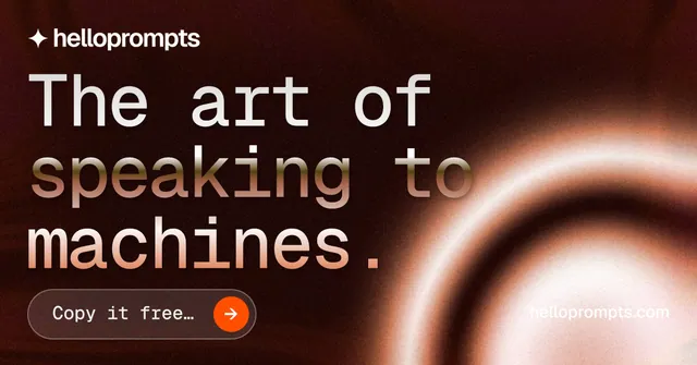 Social ad for HelloPrompts: "The art of speaking to machines." Agentic glass style, poster layout, dark palette in black, red, orange.