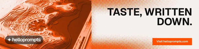 LinkedIn banner for HelloPrompts: "Taste, written down." Retro print style, right layout, light palette in orange, white.