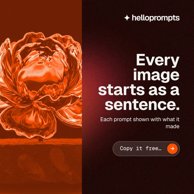 Instagram post for HelloPrompts: "Every image starts as a sentence." Agentic glass style, right layout, dark palette in orange, black, red.