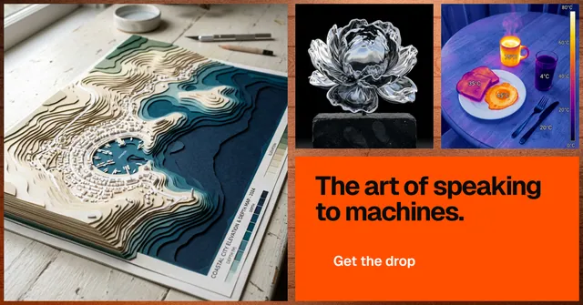Social ad for HelloPrompts: "The art of speaking to machines." Swiss style, collage layout, light palette in blue, orange, grey.