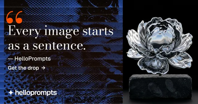 Social ad for HelloPrompts: "Copy it free." Minimal luxury style, quote layout, dark palette in black, blue, grey.