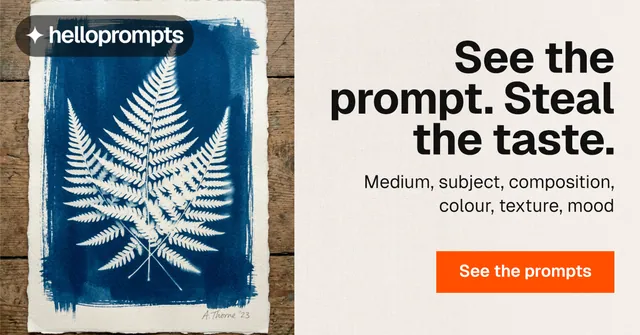 Social ad for HelloPrompts: "See the prompt. Steal the taste." Swiss style, right layout, light palette in white, grey, orange.