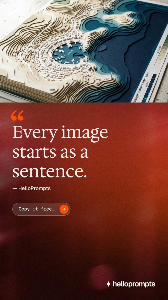 Instagram story for HelloPrompts: "The sentence behind the image." Agentic glass style, quote layout, dark palette in black, red, white.