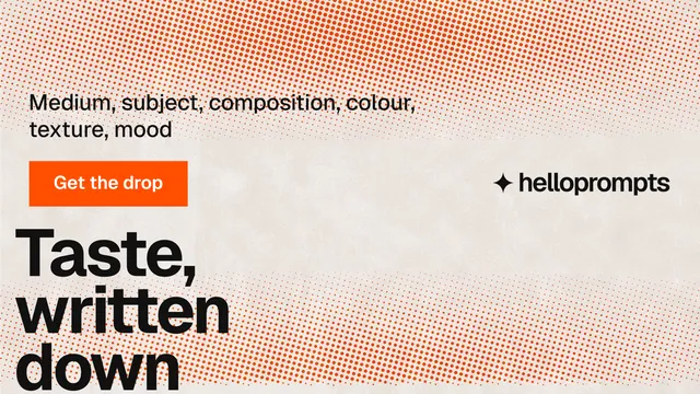 Landscape graphic for HelloPrompts: "The sentence behind the image." Swiss style, oversized layout, light palette in orange.