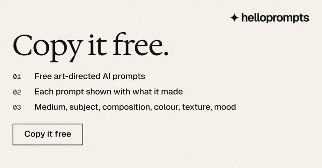 Social ad for HelloPrompts: "Copy it free." Editorial style, numbered layout, light palette in white.