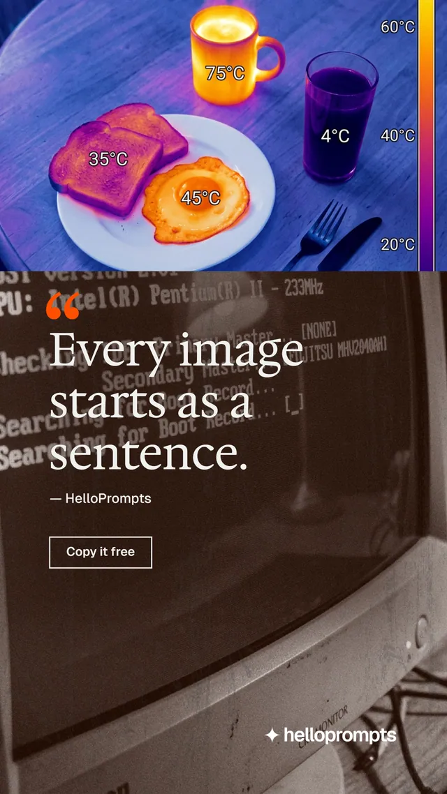 Instagram story for HelloPrompts: "Prompts that show their work." Editorial style, quote layout, dark palette in pink, blue, grey.