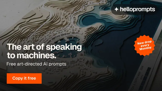 Landscape graphic for HelloPrompts: "The art of speaking to machines." Swiss style, sticker layout, dark palette in grey, black, orange.