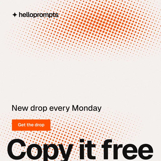 Instagram post for HelloPrompts: "The art of speaking to machines." Swiss style, oversized layout, light palette in white, orange.