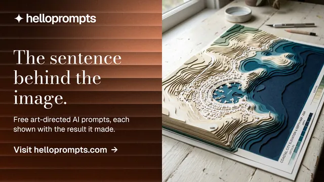 Landscape graphic for HelloPrompts: "The sentence behind the image." Minimal luxury style, bottom layout, dark palette in black, grey, orange.