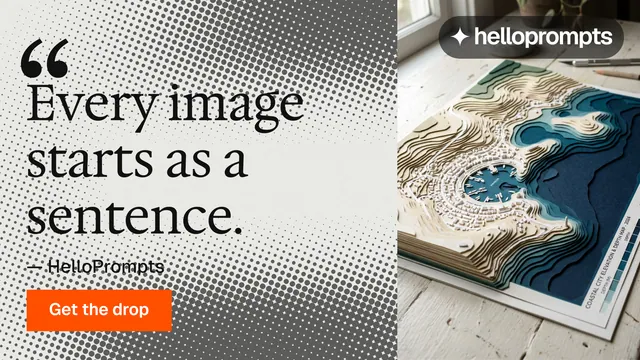 Landscape graphic for HelloPrompts: "Every image starts as a sentence." Split block style, quote layout, light palette in grey, white.