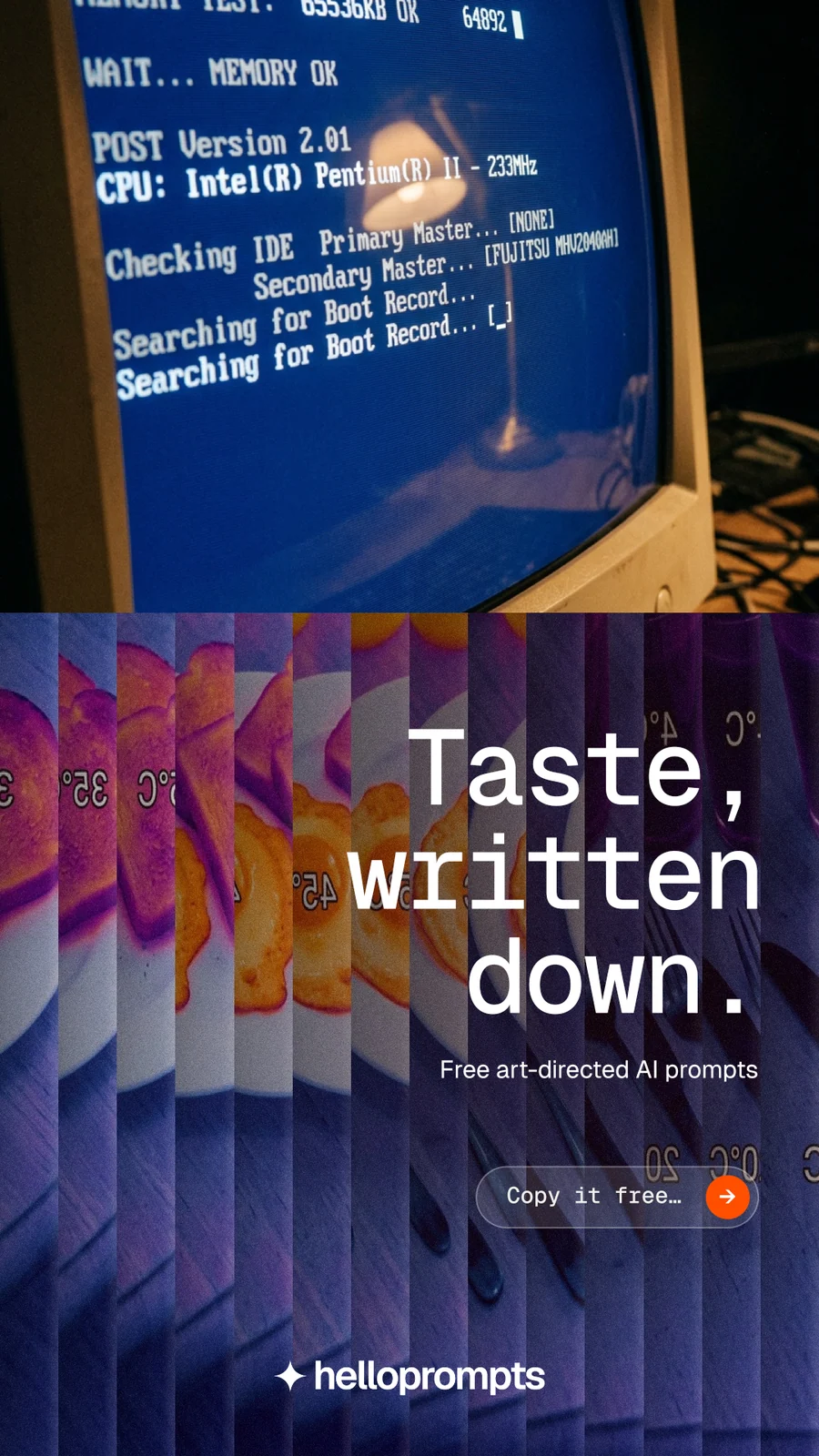 Instagram story for HelloPrompts: "Taste, written down." Agentic glass style, right layout, dark palette in blue, purple, grey.