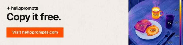 LinkedIn banner for HelloPrompts: "Copy it free." Swiss style, skeleton layout, light palette in pink, white, grey.