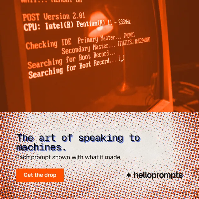 Instagram post for HelloPrompts: "The art of speaking to machines." Retro print style, bottom layout, light palette in orange.