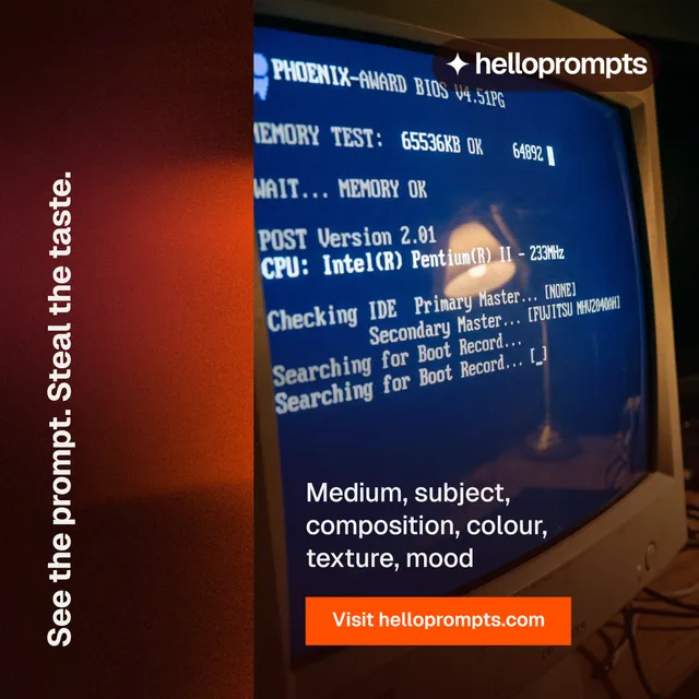 Instagram post for HelloPrompts: "See the prompt. Steal the taste." Swiss style, vertical layout, dark palette in red, black, pink.