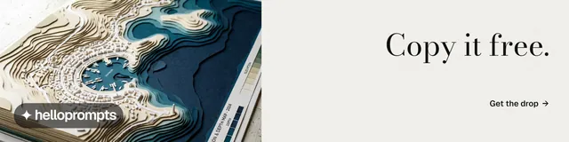 LinkedIn banner for HelloPrompts: "Copy it free." Minimal luxury style, right layout, light palette in white, grey.