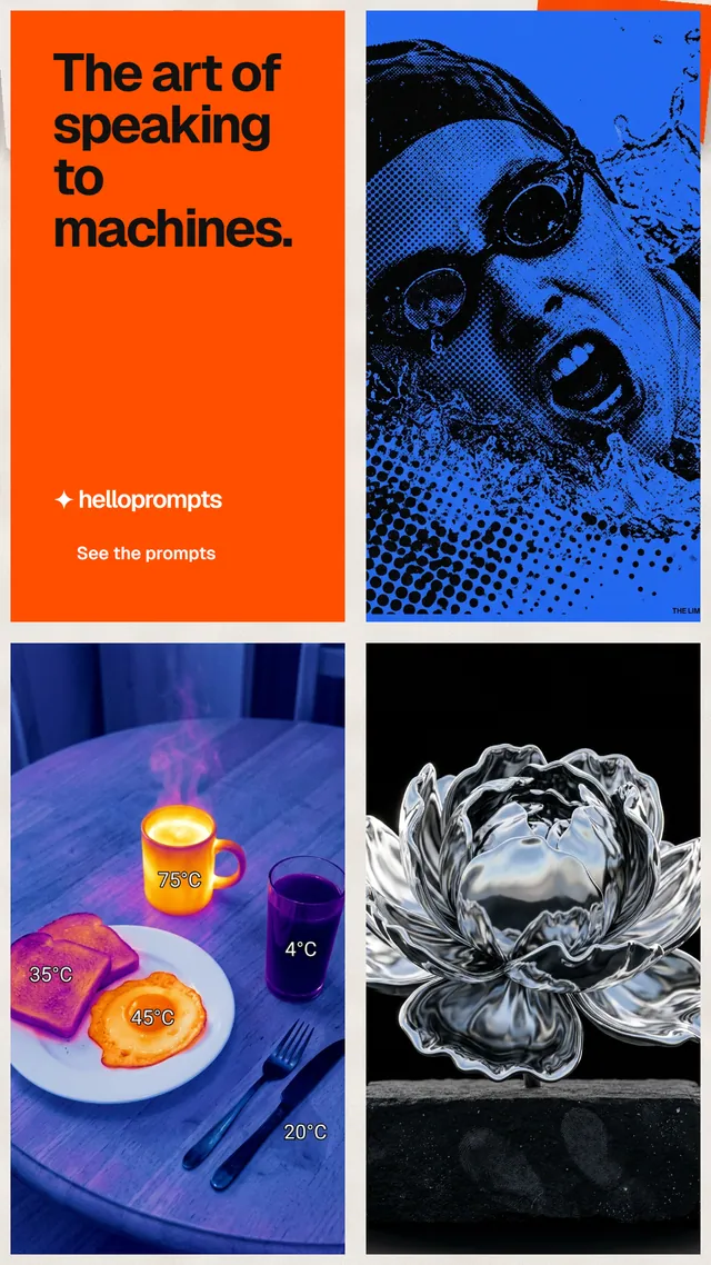 Instagram story for HelloPrompts: "The art of speaking to machines." Swiss style, collage layout, dark palette in blue, black, red.