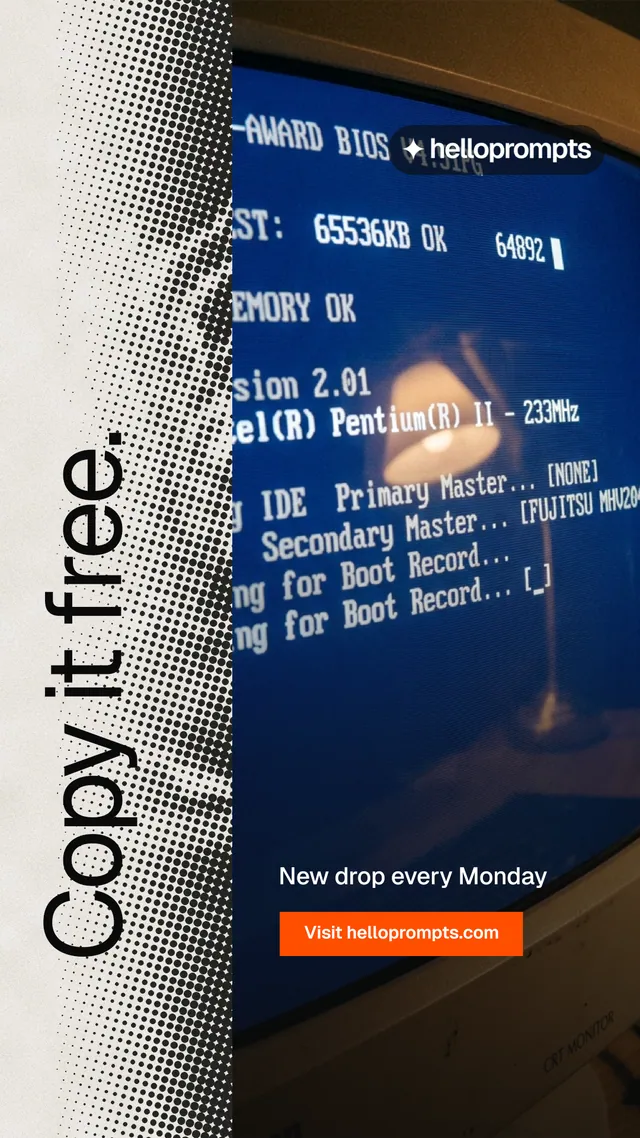 Instagram story for HelloPrompts: "Copy it free." Swiss style, vertical layout, dark palette in white, blue, grey.