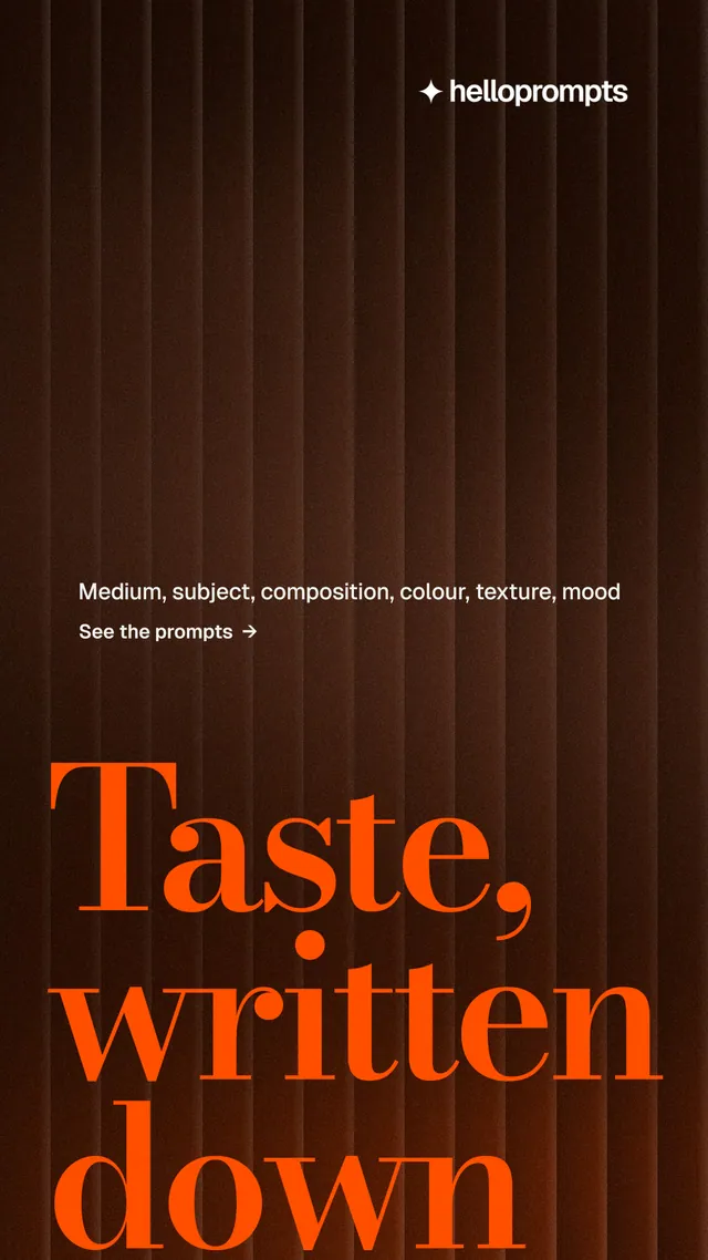 Instagram story for HelloPrompts: "Say it like an art director." Minimal luxury style, oversized layout, dark palette in orange, black.