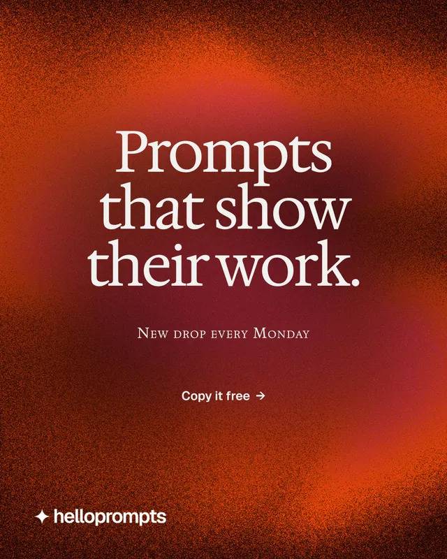 Instagram portrait post for HelloPrompts: "Prompts that show their work." Swiss style, smallcaps layout, dark palette in red.