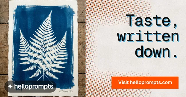 Social ad for HelloPrompts: "Taste, written down." Swiss style, right layout, light palette in grey, white, orange.