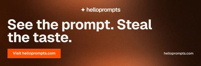 X header for HelloPrompts: "See the prompt. Steal the taste." Swiss style, poster layout, dark palette in orange, black, brown.