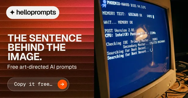 Social ad for HelloPrompts: "The sentence behind the image." Agentic glass style, bottom layout, dark palette in orange, blue, red.